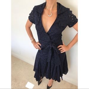 Diane Von Furstenberg Navy Blue Eyelet Wrap Dress