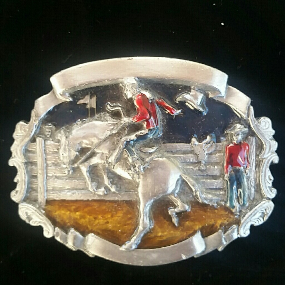 Rodeo Belt Buckle Blue Red Enamel & Silver