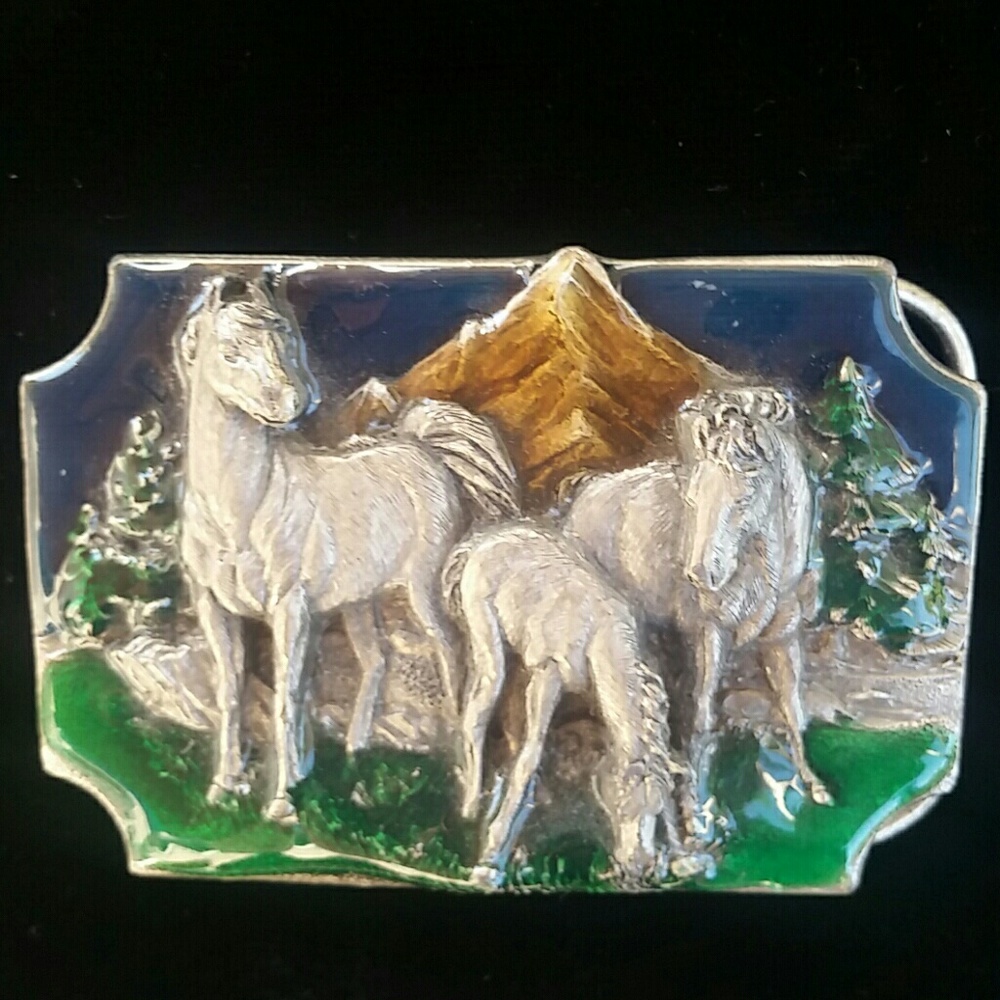 Horses Belt Buckle Silver Blue Green Enamel