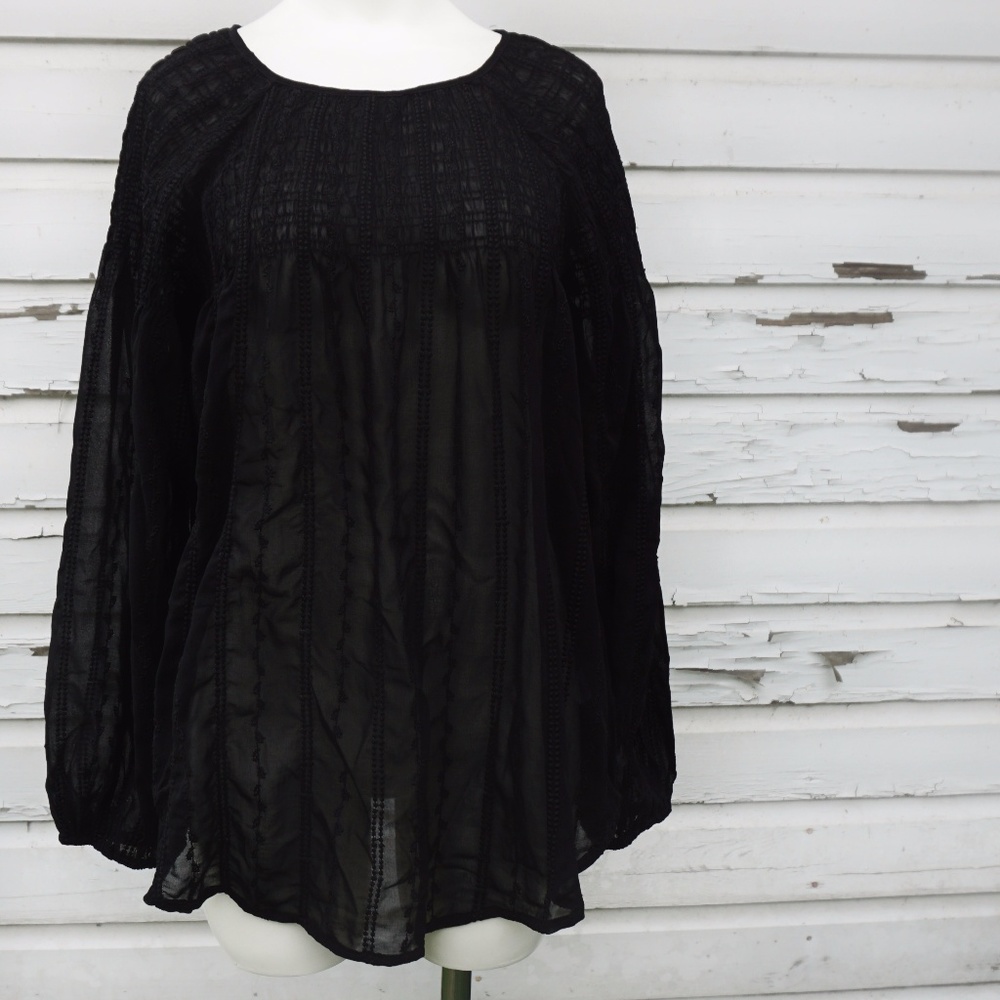 Andree Blue Black Long Sleeve Sheer Blouse