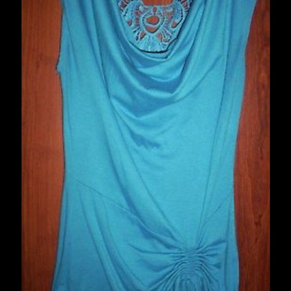 Blue Draping Neckline/Lace Back/Ruched Waist, Sz S