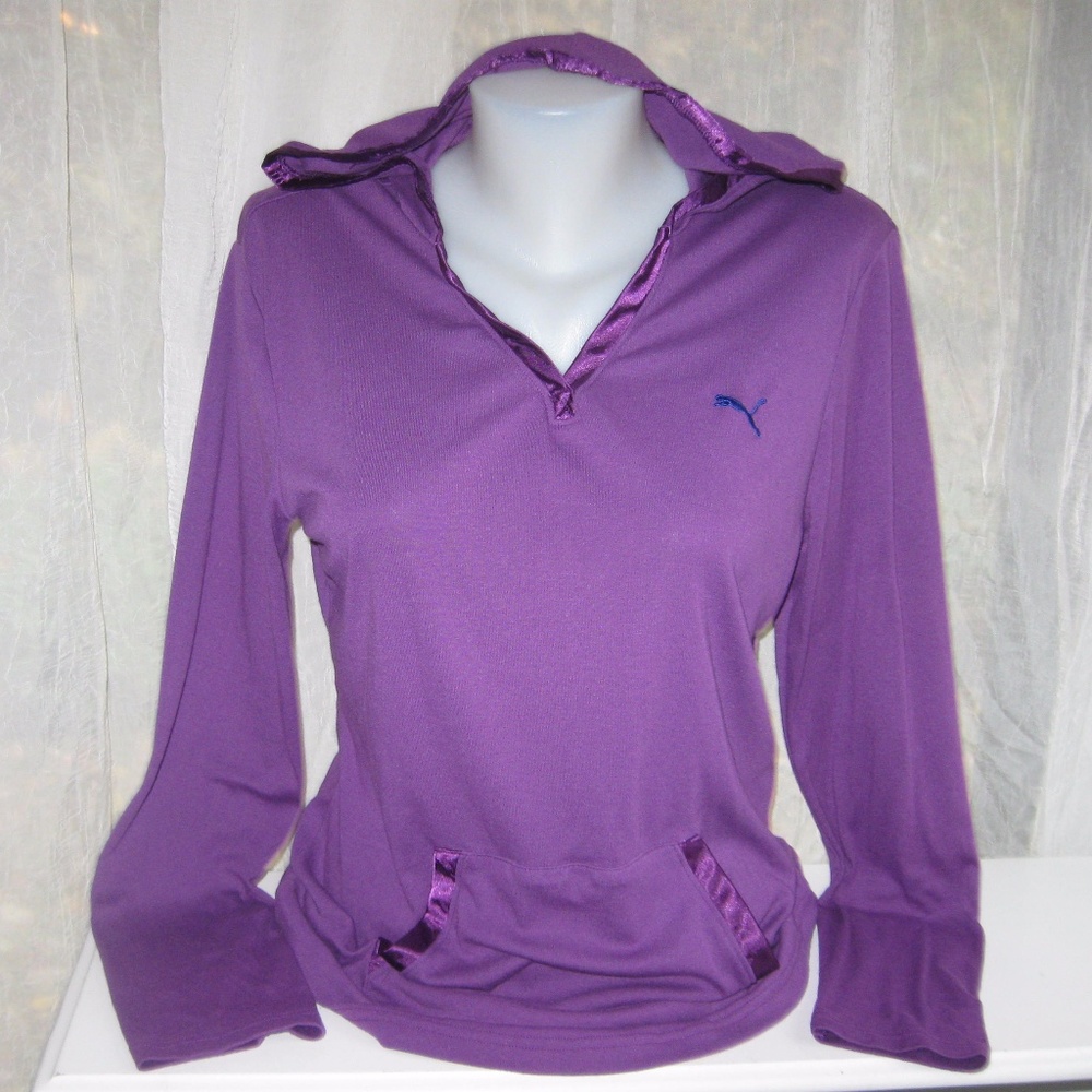 Puma Purple V Neck Hoodie Top Pullover