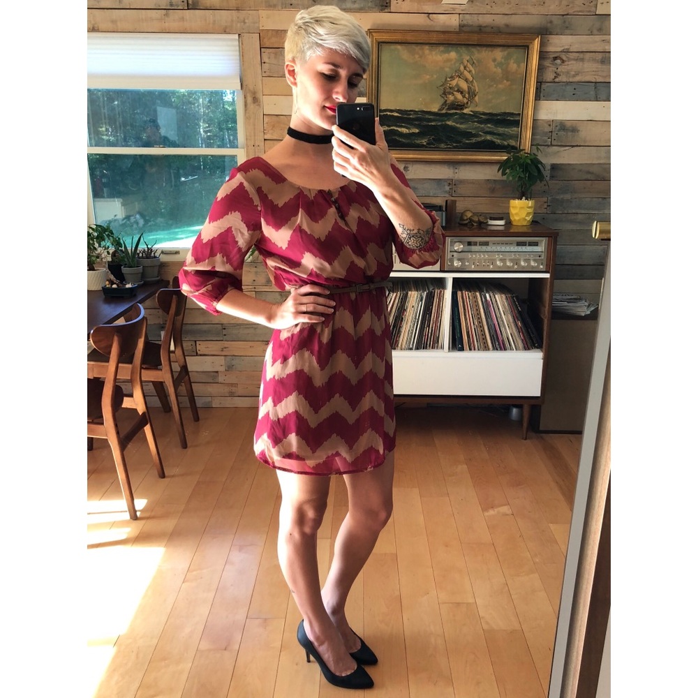 3/4 Sleeve Chevron Dress With Belt