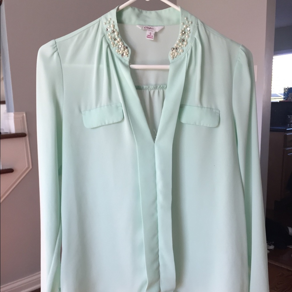 Candies Embellished Collar Sheer Mint Blue Blouse