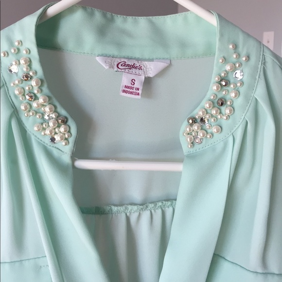 Candies Embellished Collar Sheer Mint Blue Blouse - Picture 2 of 3