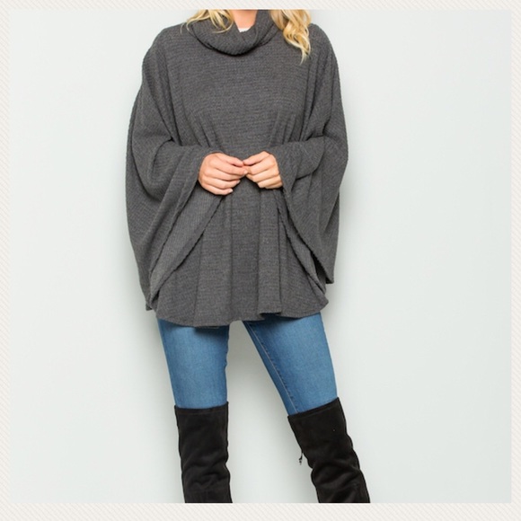 Grey Waffle Knit Poncho - Picture 2 of 3