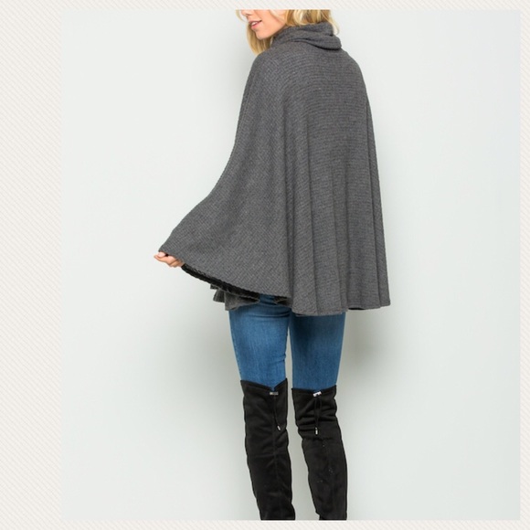 Grey Waffle Knit Poncho - Picture 3 of 3