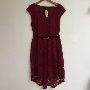 Deb red lacy belted dress