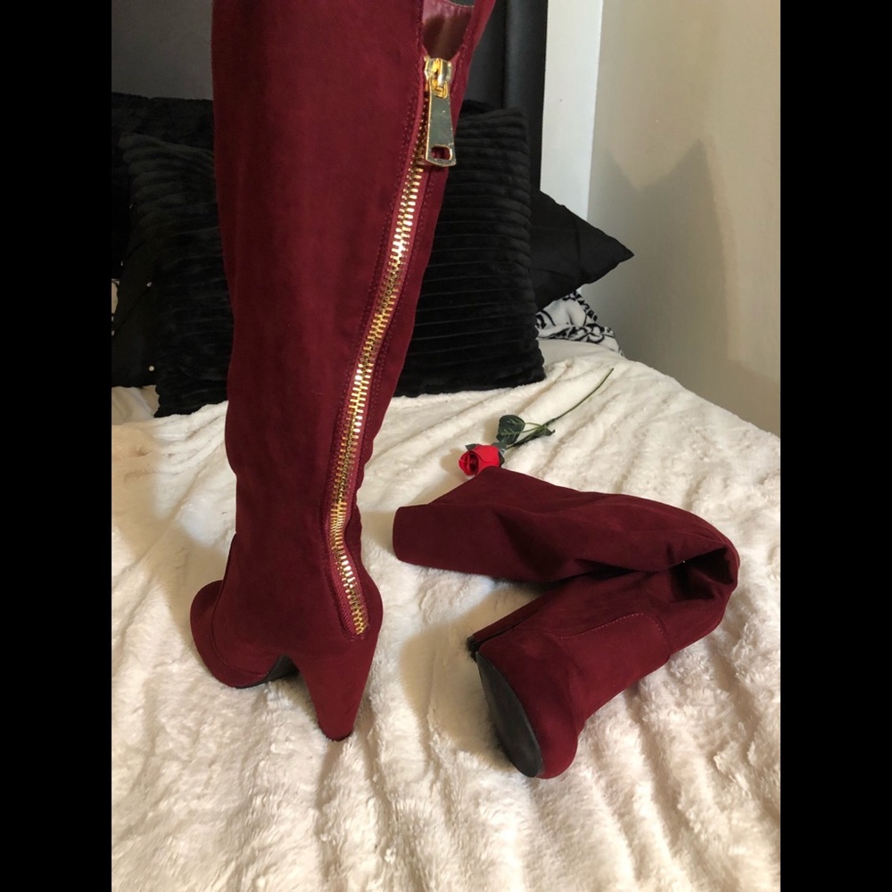 Burgundy below the knee heel boots!