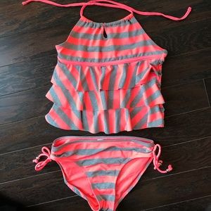 Justice size 10 orange/silver striped swim suit