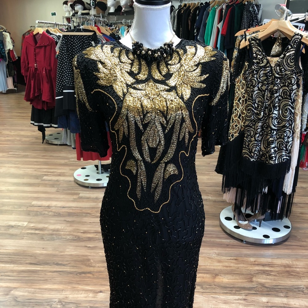 Black and gold 1980s beaded dress