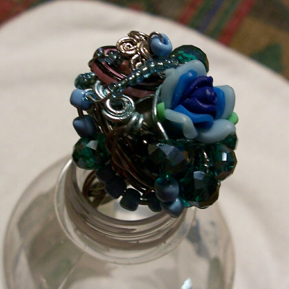 Handmade Wire Seed/Crystal Bead Cocktail Ring Sz 8