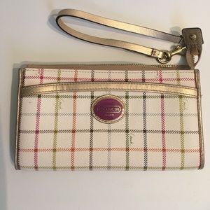 Coach white and plaid wristlet wallet