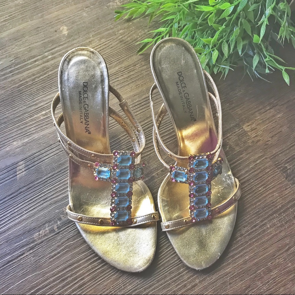 Dolce & Gabbana Rhinestone Gold Leather Sandals 36