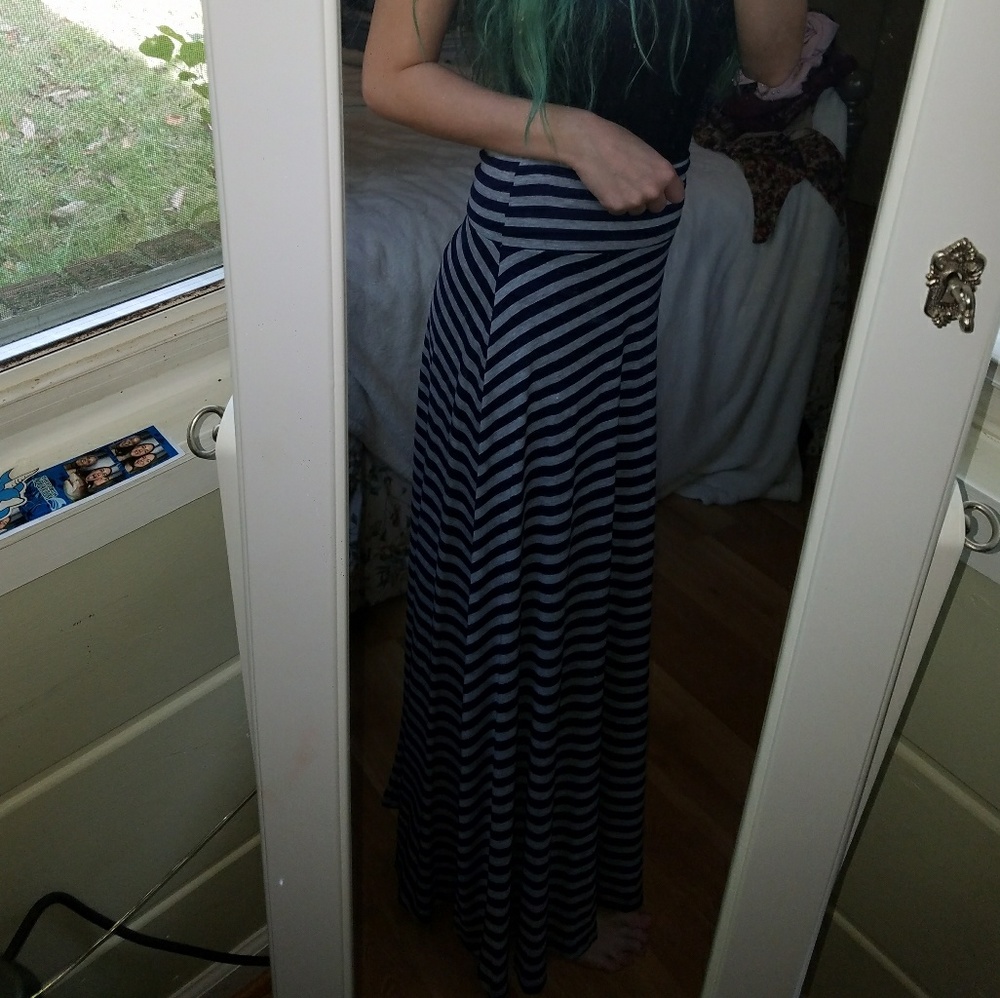 Navy and Grey Striped Maxi Skirt