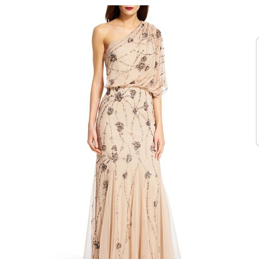 Adrianna P apell One Shooukder Beaded Dress