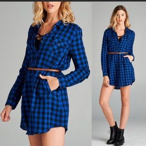 🎉Black and Blue Plaid Belted Button Up Dress🎉