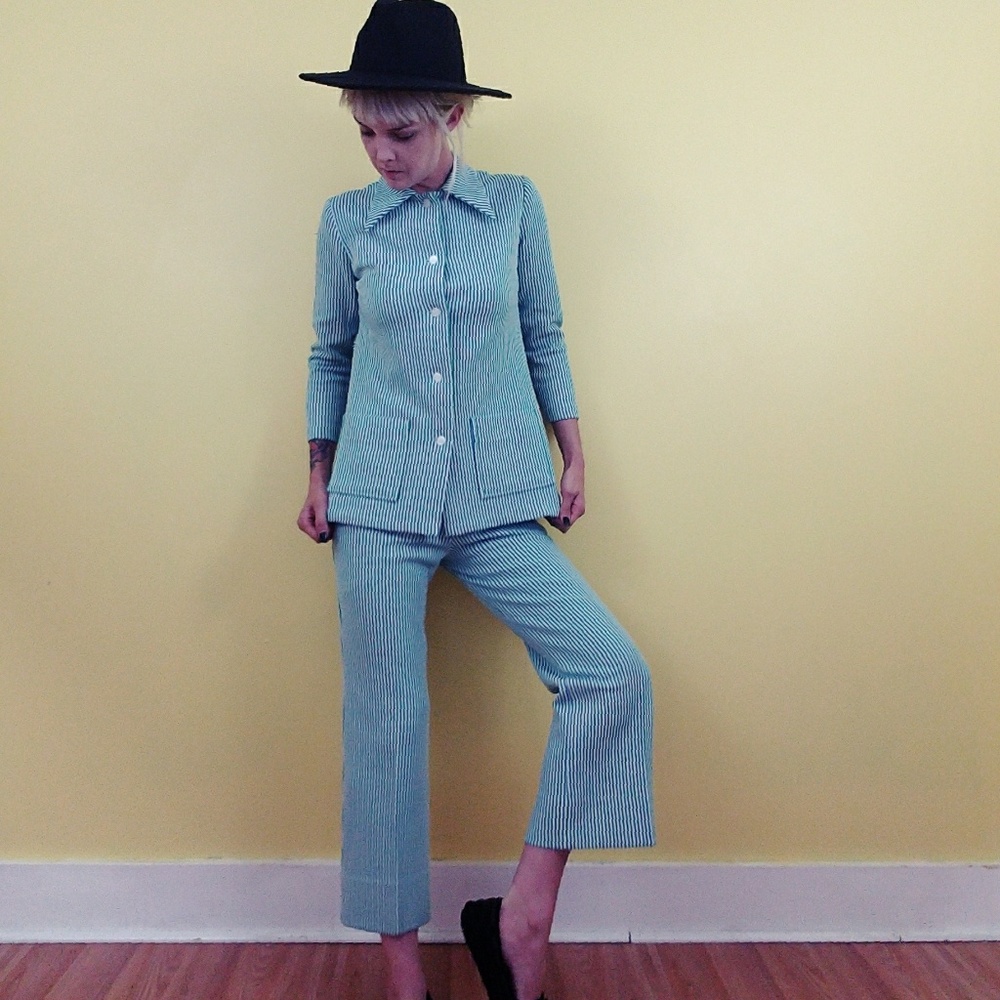 Vintage 70's Striped Pantsuit - Blue - Picture 2 of 8