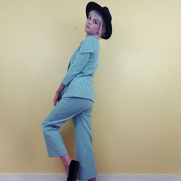 Vintage 70's Striped Pantsuit - Blue - Picture 5 of 8