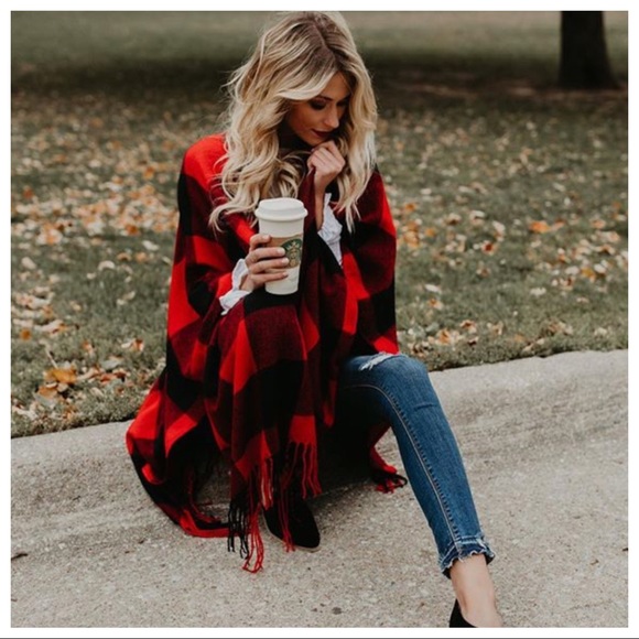 Buffalo Check Poncho Fringe Ruana - Picture 8 of 9