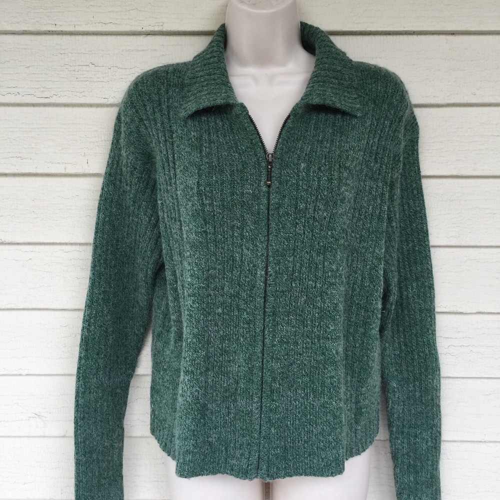 KAMAL acrylic/wool ribbed green zip sweater