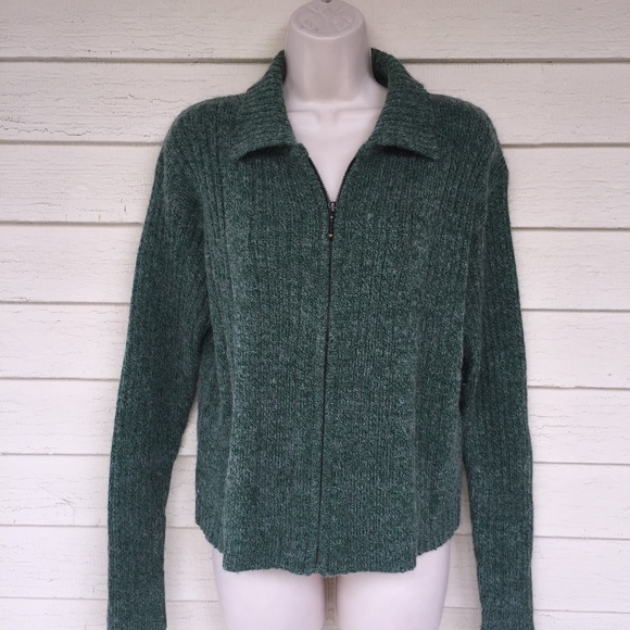 KAMAL acrylic/wool ribbed green zip sweater - Picture 3 of 5