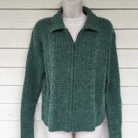 KAMAL acrylic/wool ribbed green zip sweater - Picture 1 of 5