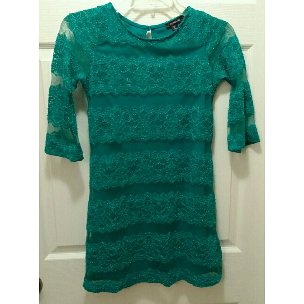 My Michelle teal stripe lacy dress, girl's size 12