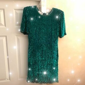 Laurence Kazar Silk Teal Sequin Beaded Party Dress