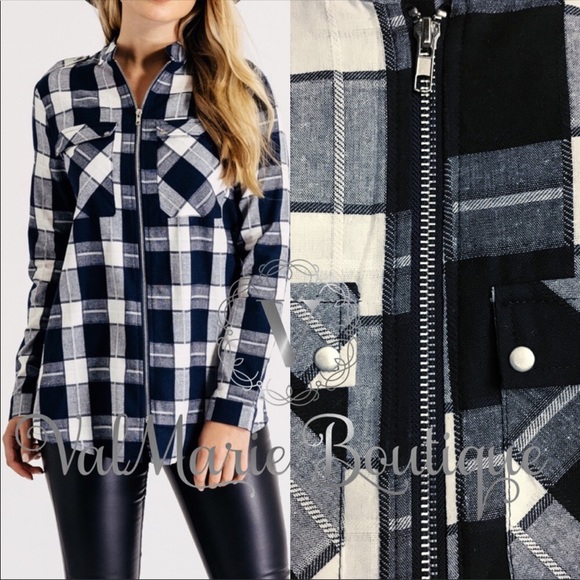 2 LEFT! Zip up navy plaid shirt - Picture 5 of 8