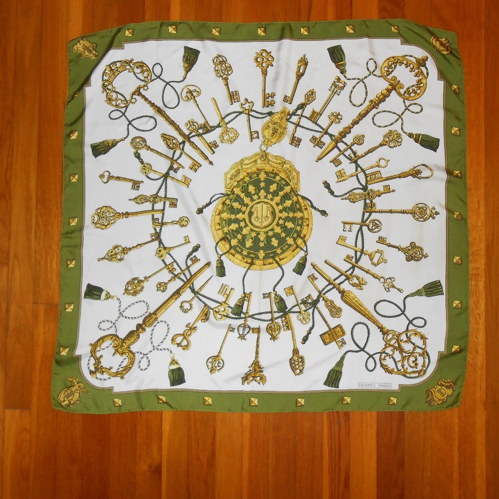 HERMES Vintage Gold Green White "Keys" Silk Scarf