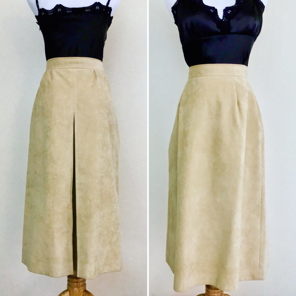 Vintage 70s Camel Tan Faux Vegan Suede Midi Skirt