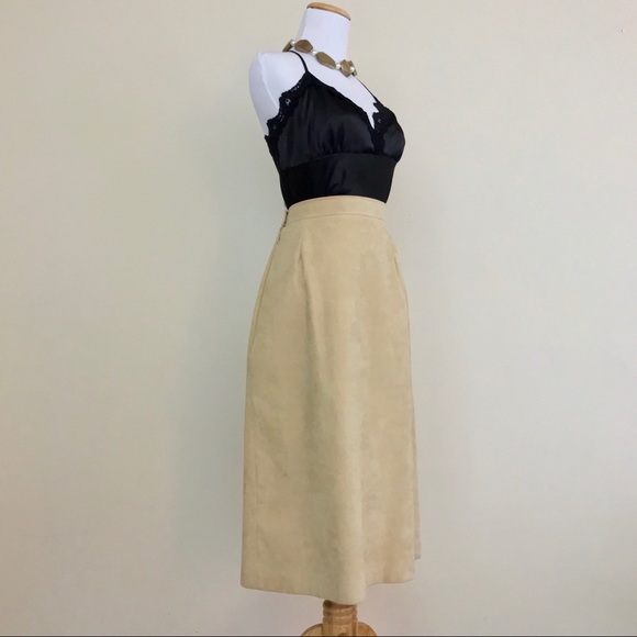 Vintage 70s Camel Tan Faux Vegan Suede Midi Skirt - Picture 3 of 7