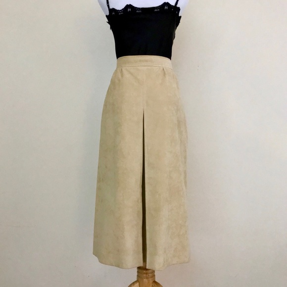 Vintage 70s Camel Tan Faux Vegan Suede Midi Skirt - Picture 4 of 7