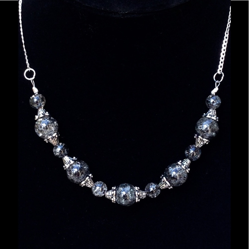 SOLD Sparkly Black Glass Sterling Silver Necklace - Picture 2 of 3
