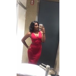 Red plunging neckline body-con dress