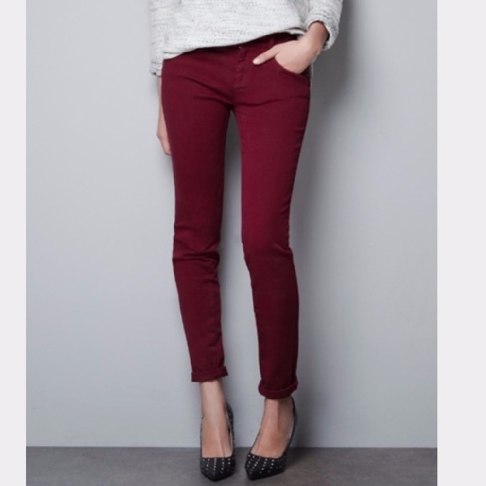 ZARA soft sateen cropped skinny ankle zip jeans