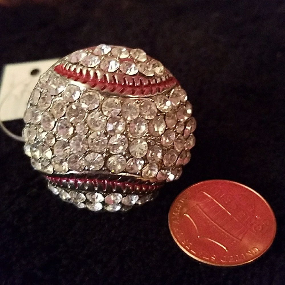 Rhinestone Baseball Silver stretchy band ring