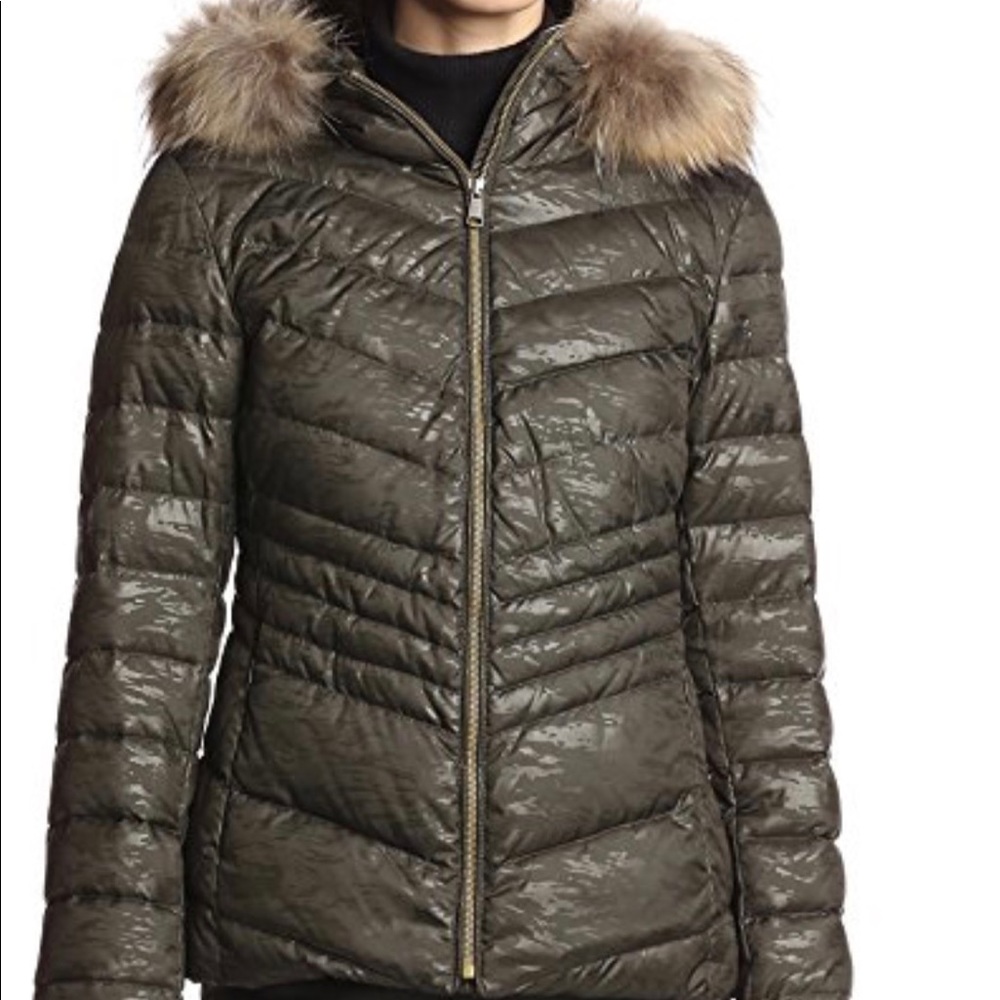 Andrew Marc Olive Down Jacket with Real Fur