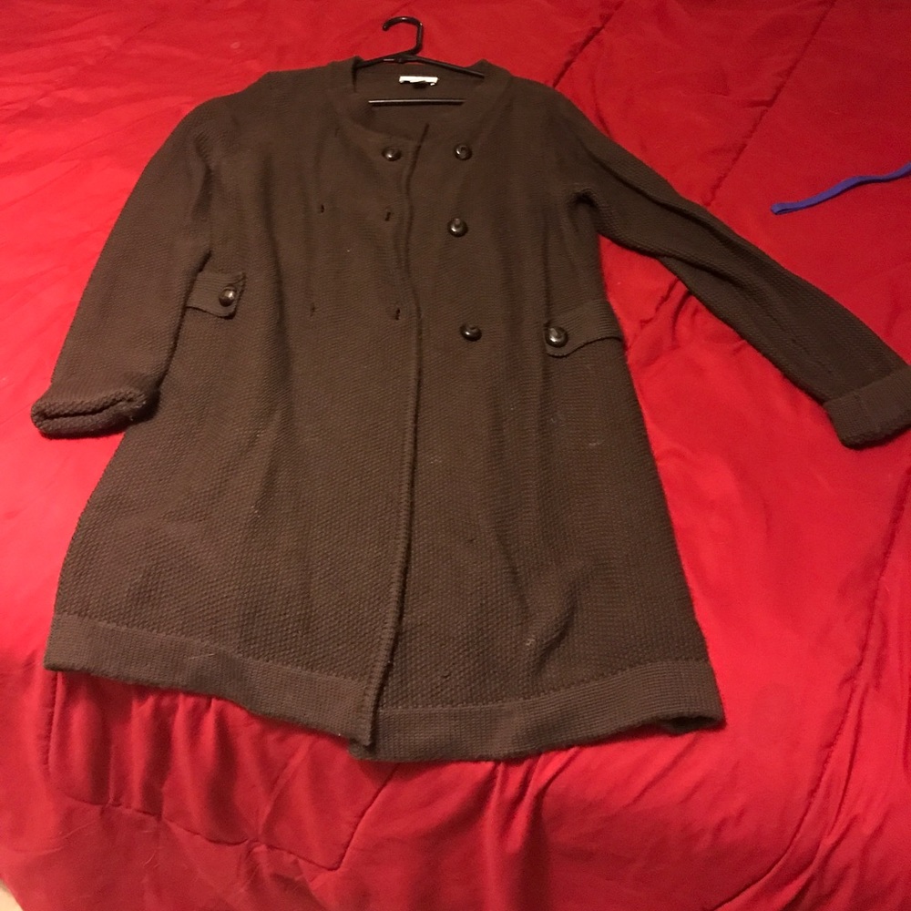 Long brown double breasted sweater