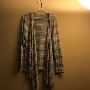 Hooded grey white and teal striped sweater