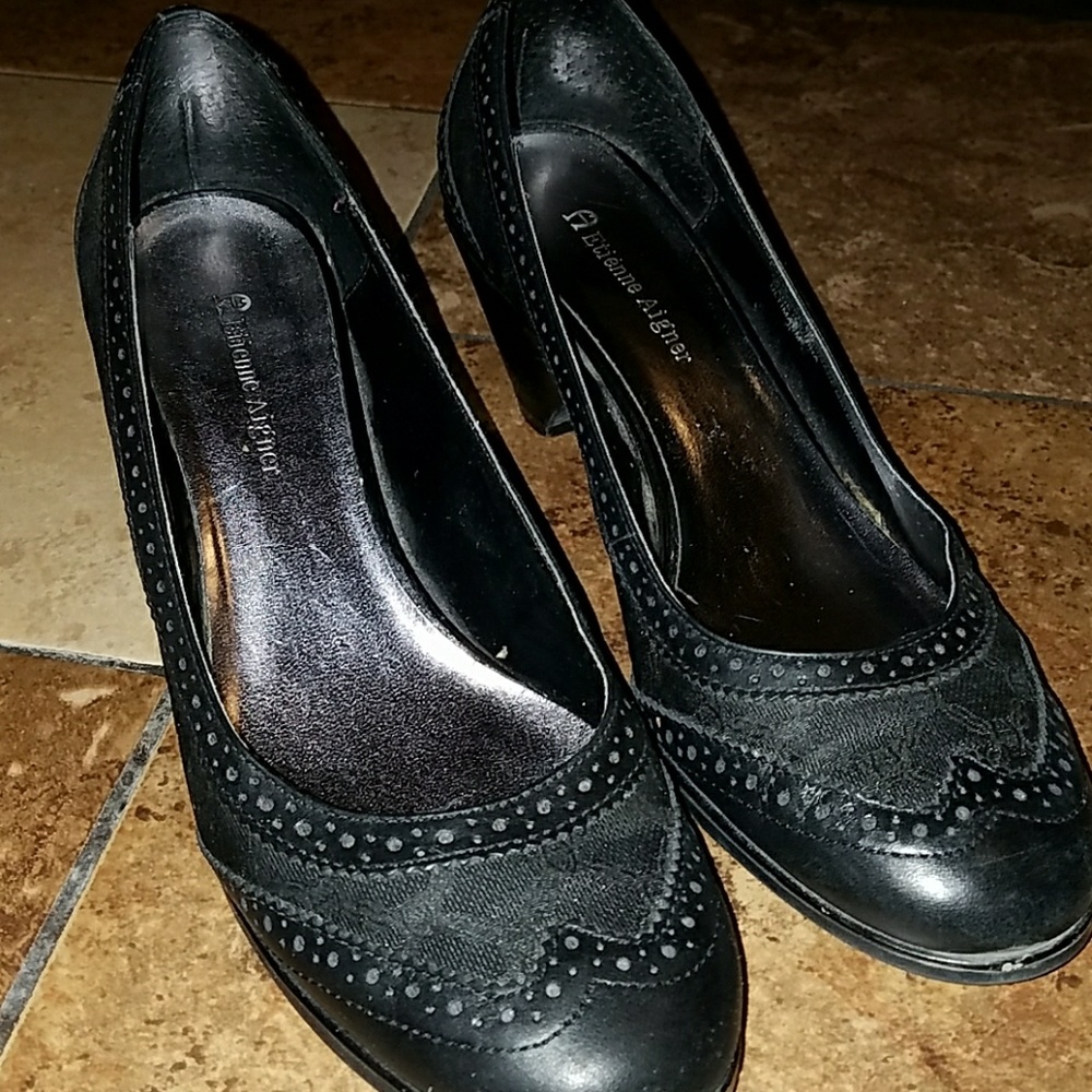 Etienne Aigner black patent wing tip shoes