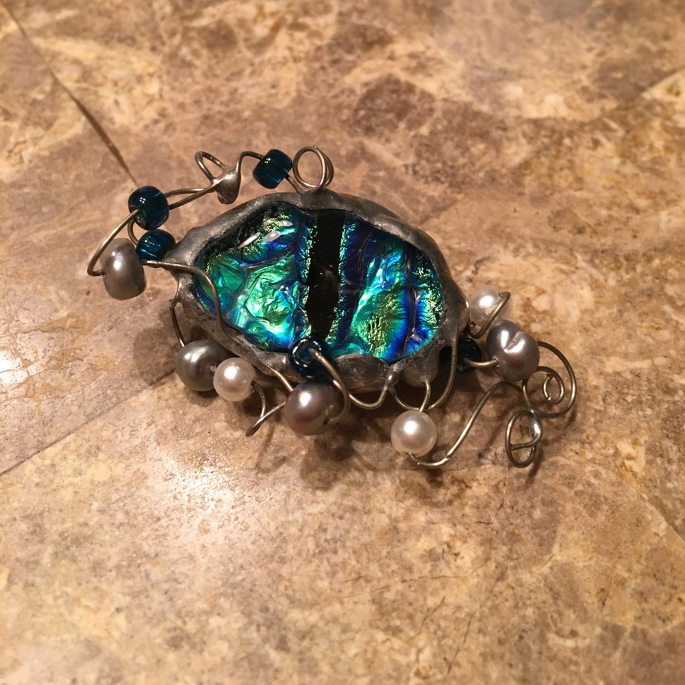 Dichroic glass and pearl pin.