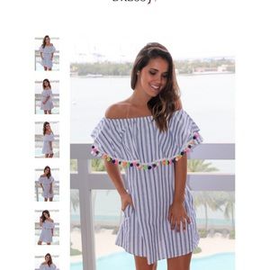 Blue and white stripe off the shoulder dress