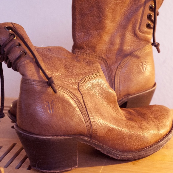 Frye Ankle Boots Caramel Leather Lace Up 70s - Picture 4 of 4