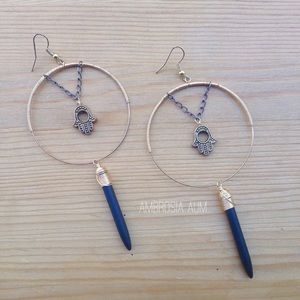 Black, Brass, and Gold Hamsa Earrings