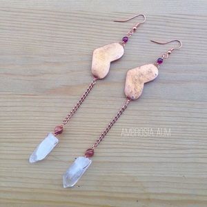 Brass Hearts and hanging Quartz Crystals
