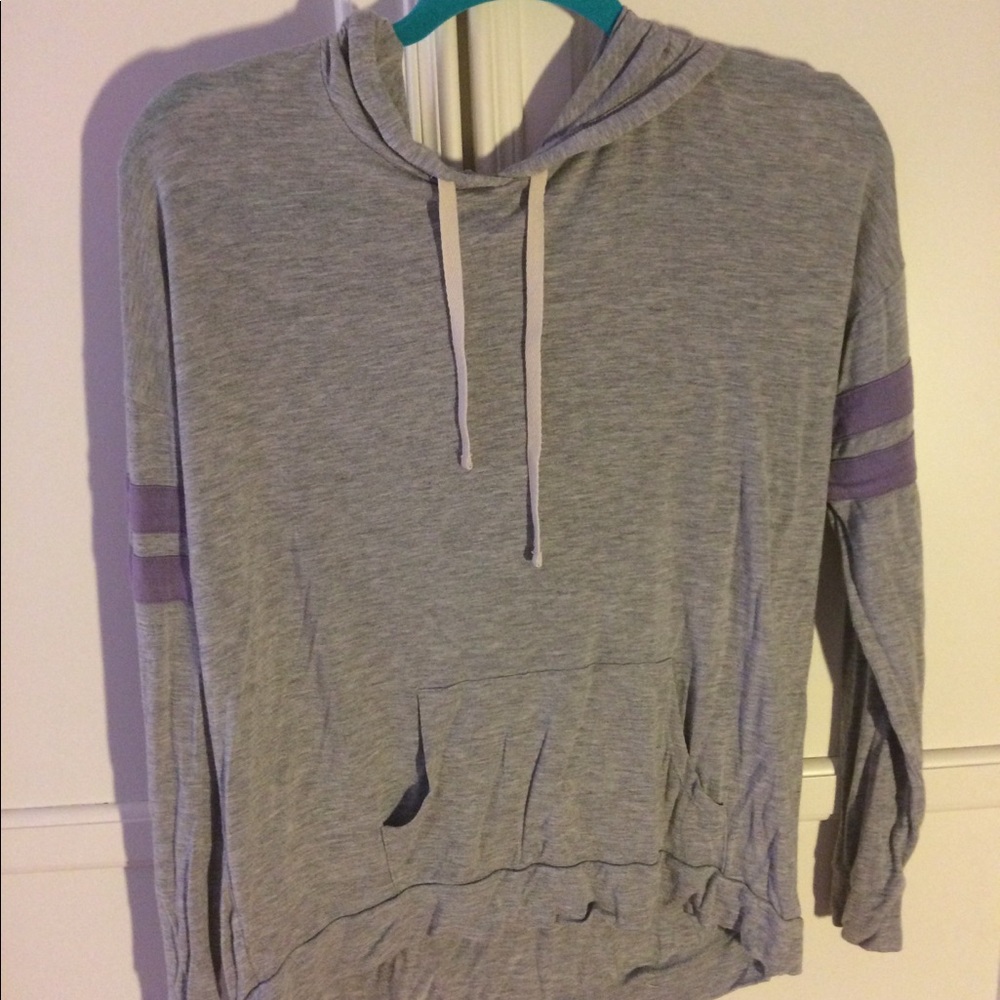 Grey and Purple Long Sleeve Hooded Shirt