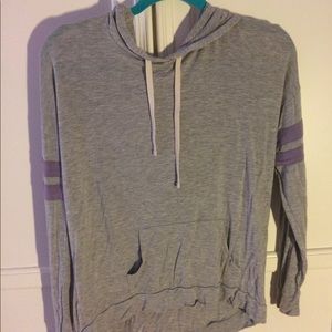 Grey and Purple Long Sleeve Hooded Shirt