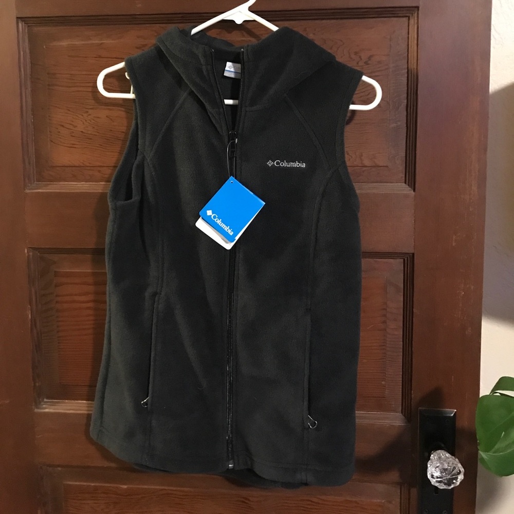 Charcoal grey fleece hooded vest top.